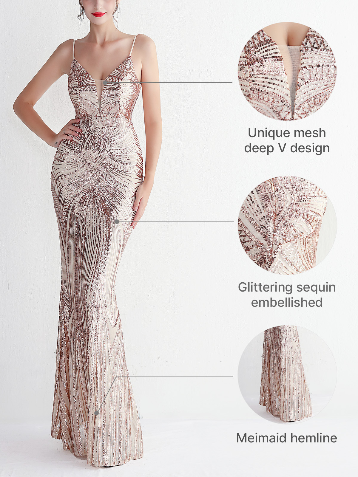 Mesh Inserted Sequin Embellished V-Neck Open Back Mermaid Maxi Gown