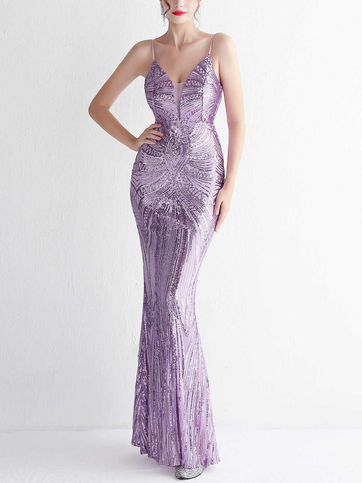 Mesh Inserted Sequin Embellished V-Neck Open Back Mermaid Maxi Gown
