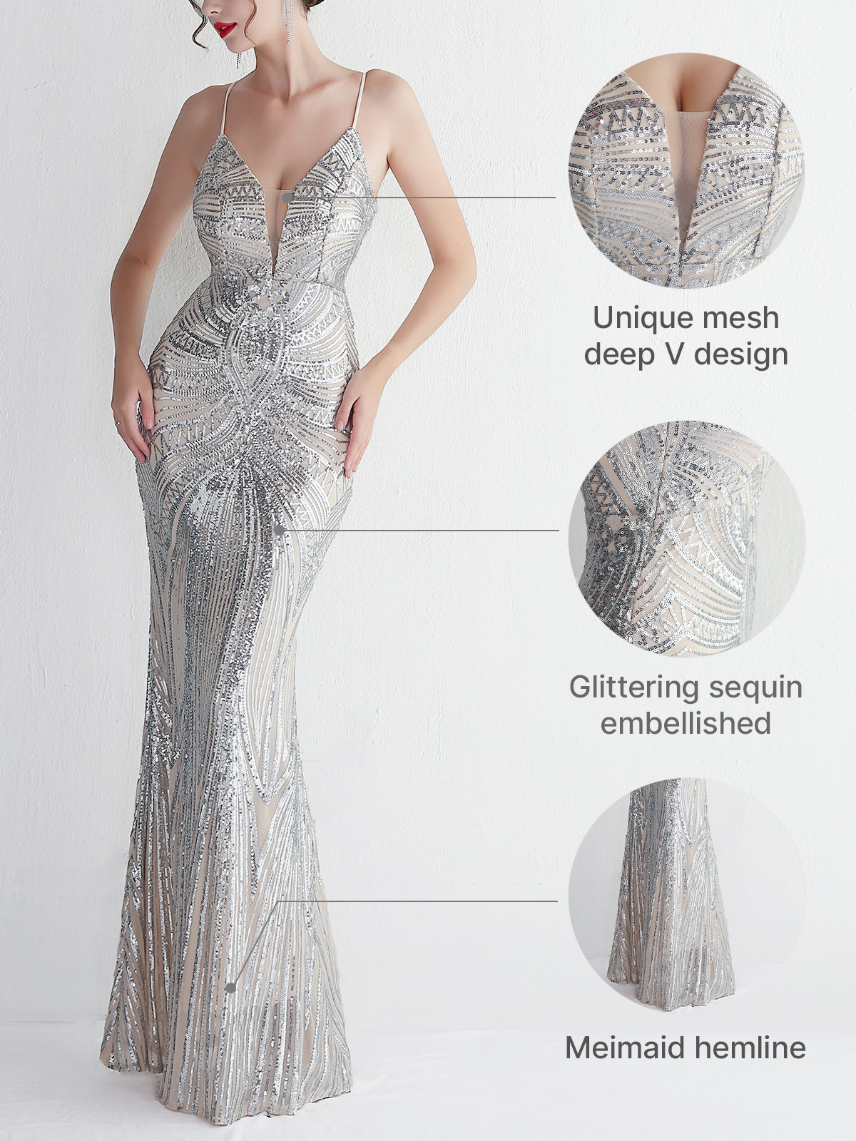 Mesh Inserted Sequin Embellished V-Neck Open Back Mermaid Maxi Gown