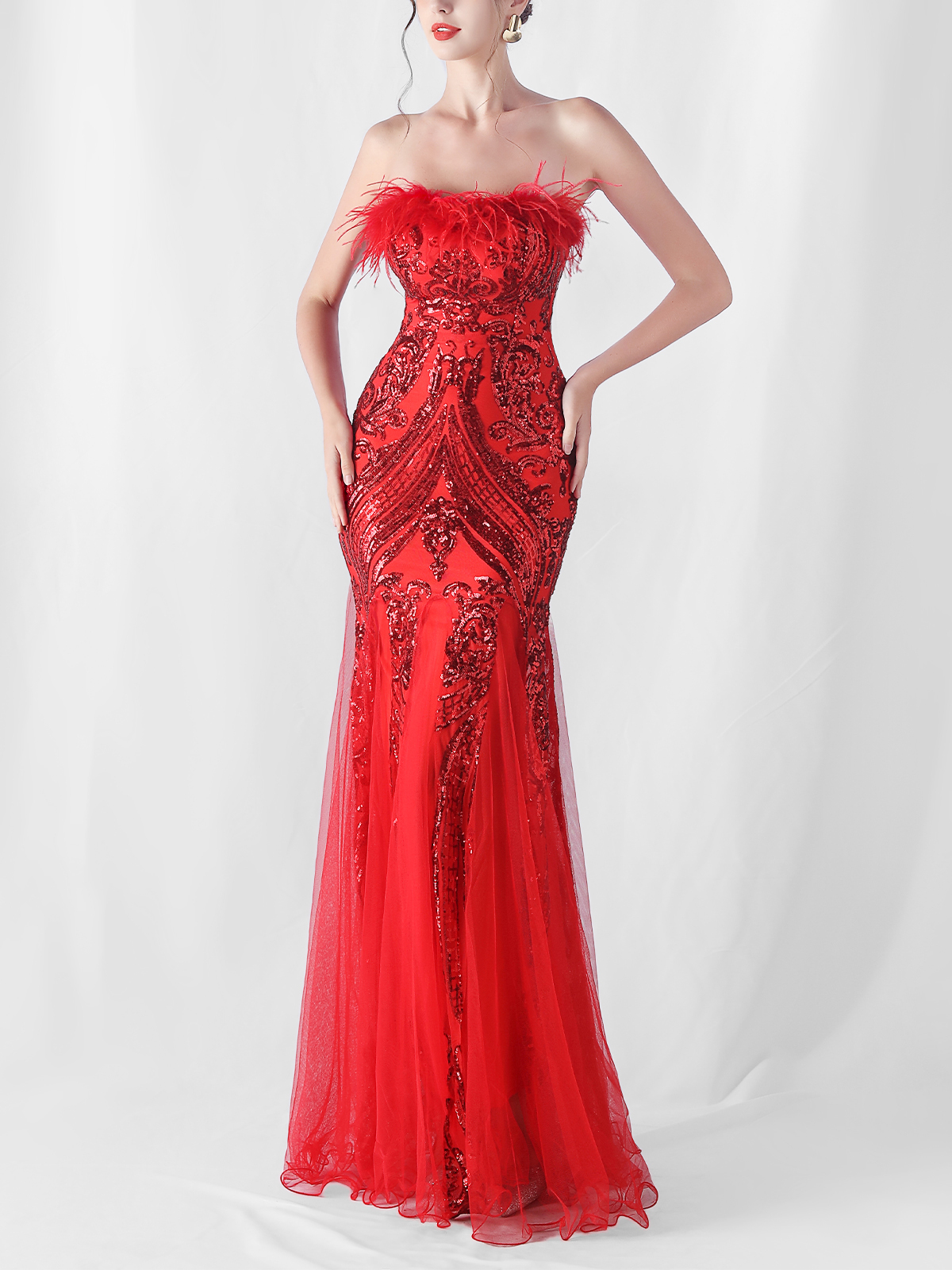 Sequin Feather-Trimmed Off Shoulder Mermaid Maxi Gown