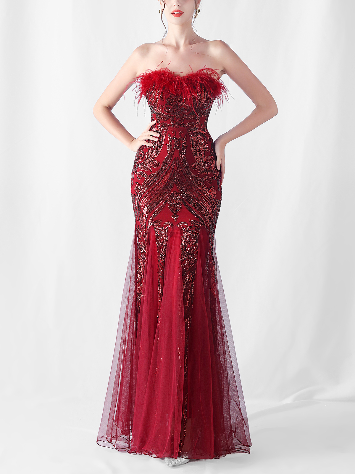 Sequin Feather-Trimmed Off Shoulder Mermaid Maxi Gown