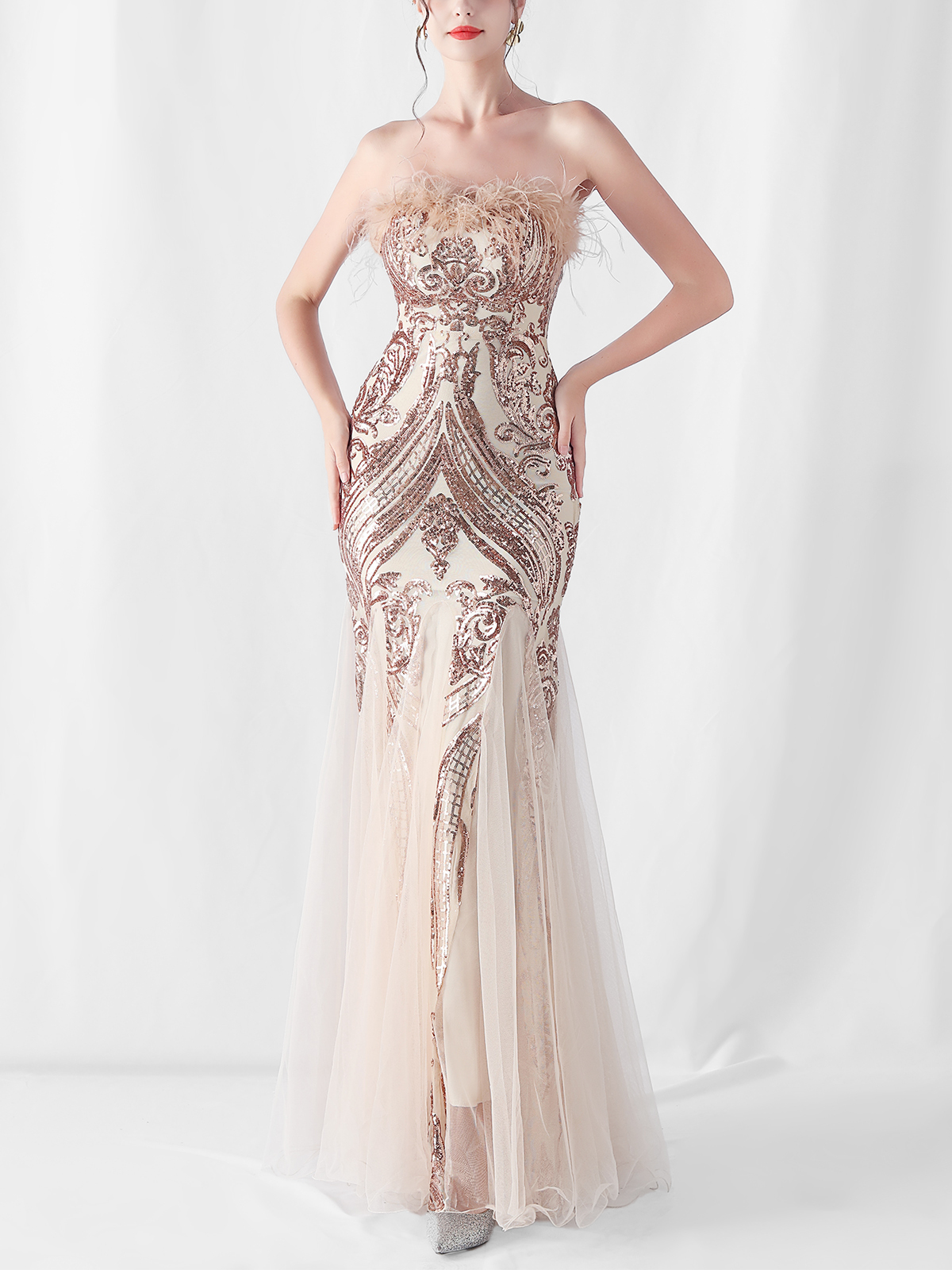 Sequin Feather-Trimmed Off Shoulder Mermaid Maxi Gown