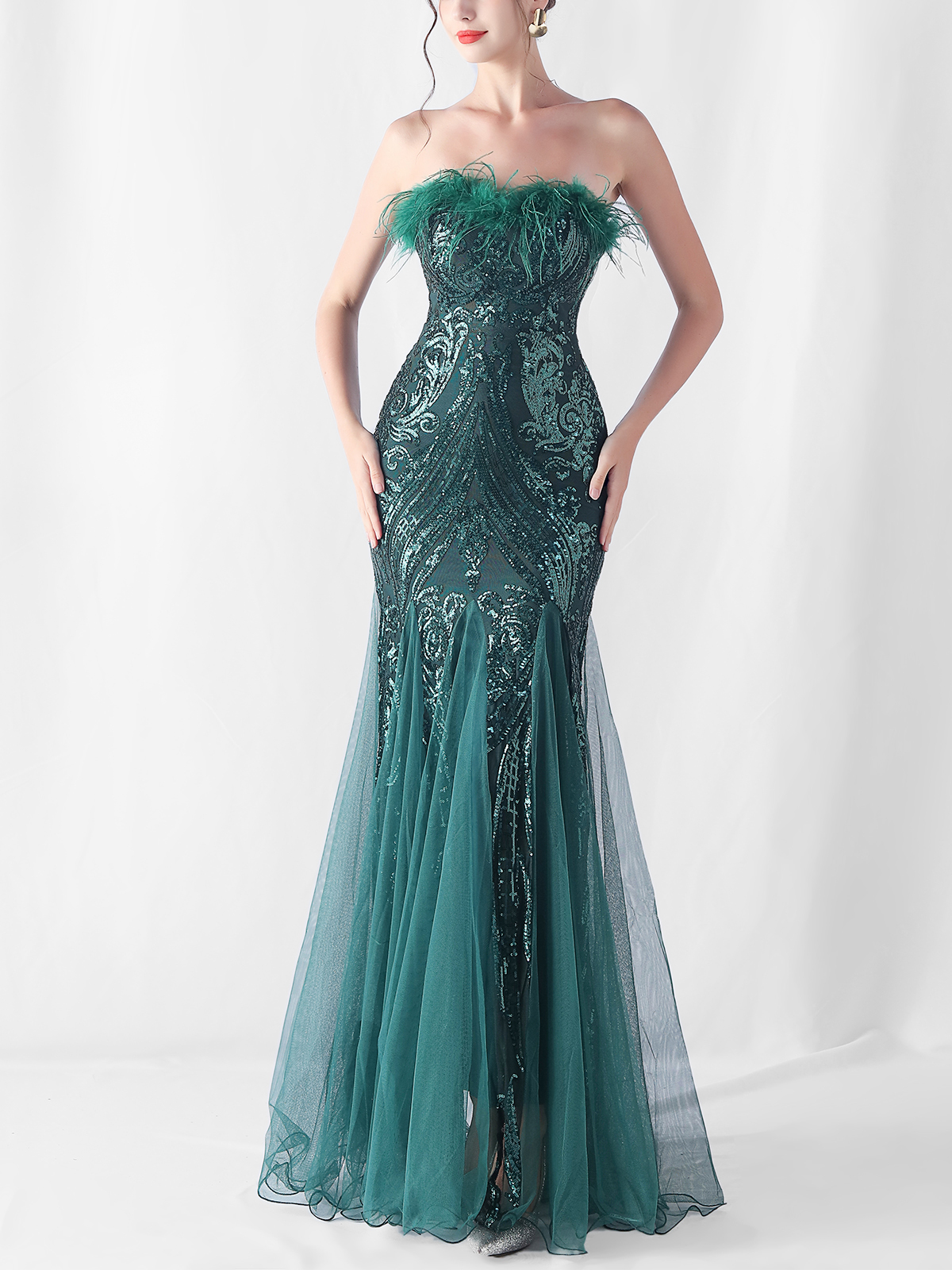 Sequin Feather-Trimmed Off Shoulder Mermaid Maxi Gown