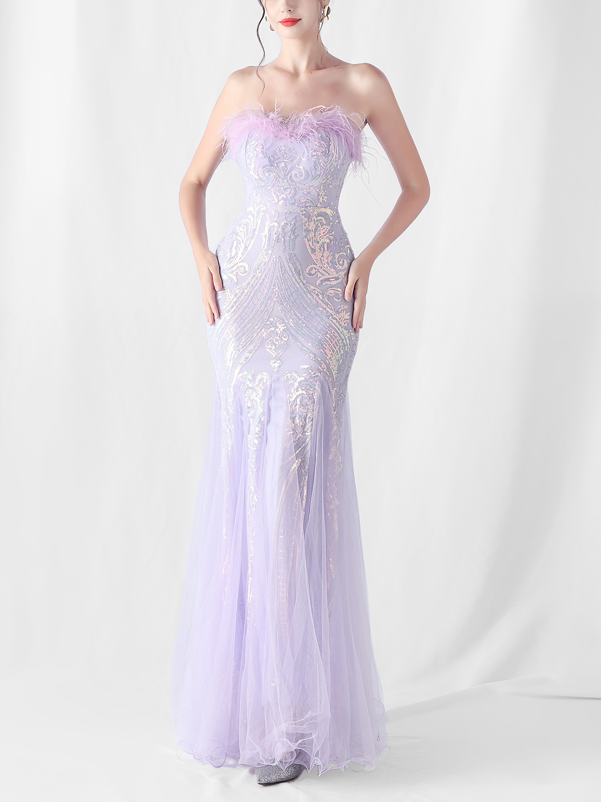 Sequin Feather-Trimmed Off Shoulder Mermaid Maxi Gown