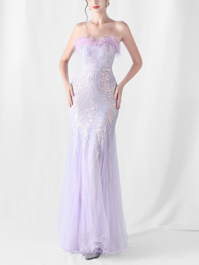 Sequin Feather-Trimmed Off Shoulder Mermaid Maxi Gown