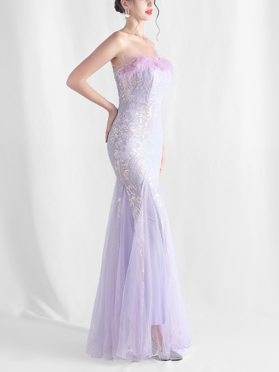Sequin Feather-Trimmed Off Shoulder Mermaid Maxi Gown
