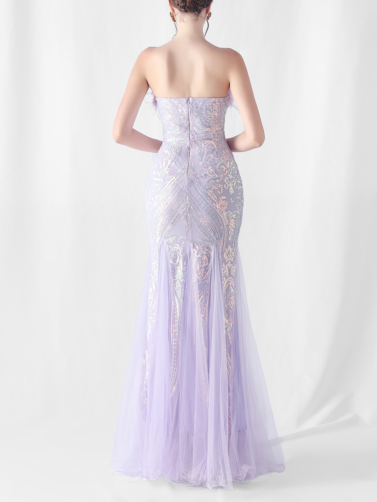Sequin Feather-Trimmed Off Shoulder Mermaid Maxi Gown