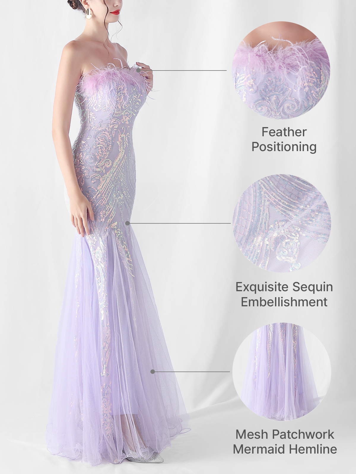 Sequin Feather-Trimmed Off Shoulder Mermaid Maxi Gown