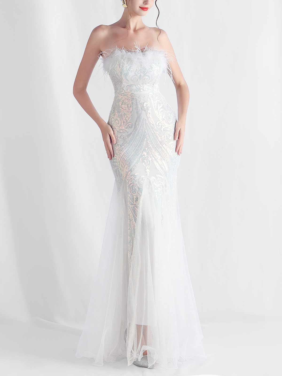 Sequin Feather-Trimmed Off Shoulder Mermaid Maxi Gown
