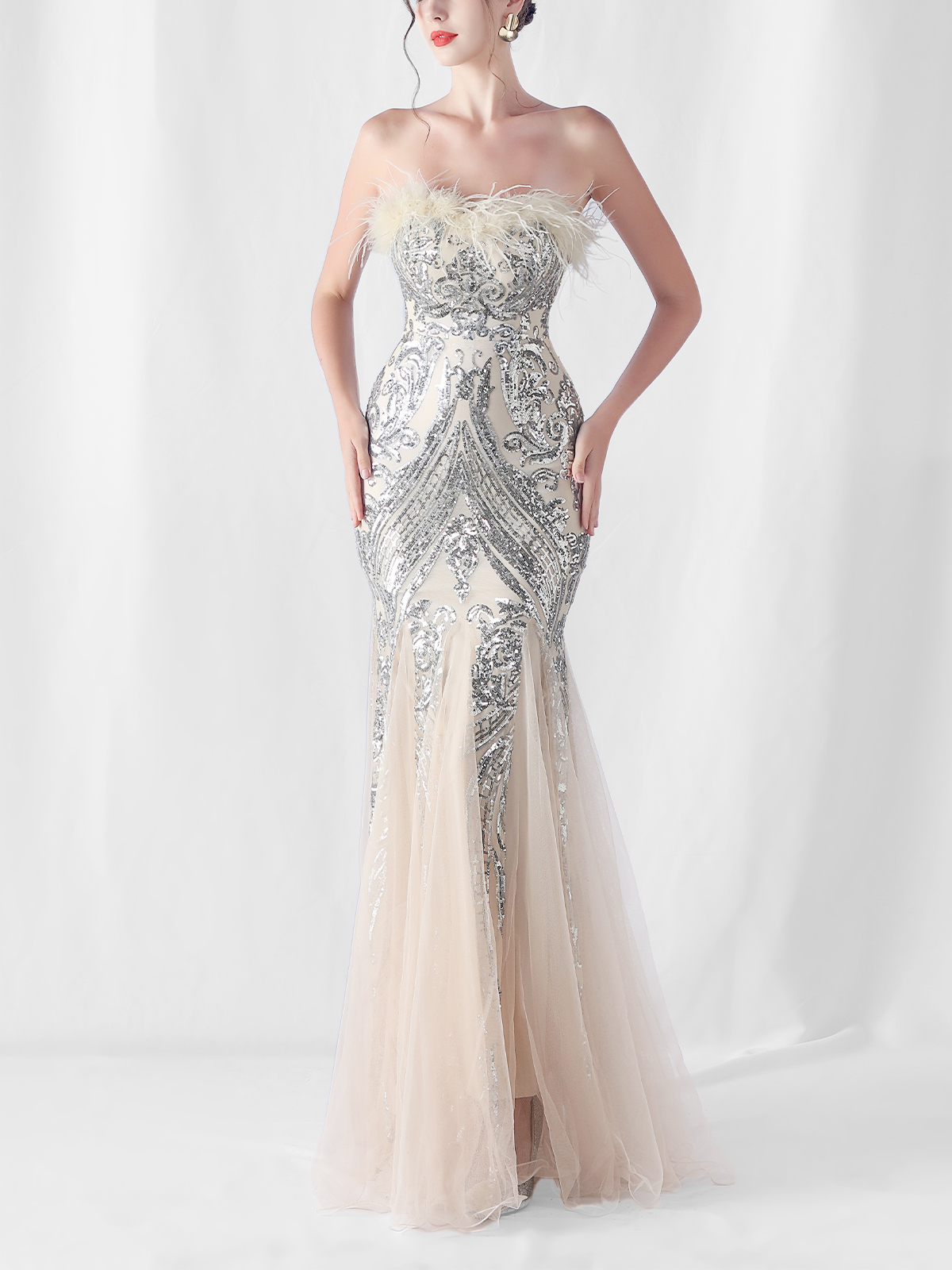 Sequin Feather-Trimmed Off Shoulder Mermaid Maxi Gown