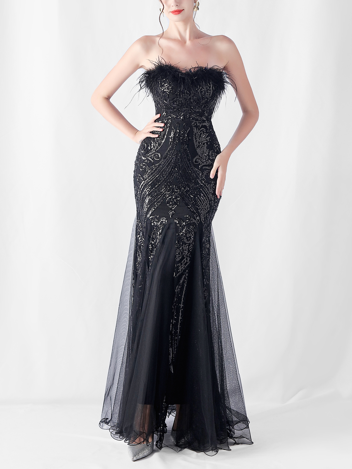 Sequin Feather-Trimmed Off Shoulder Mermaid Maxi Gown