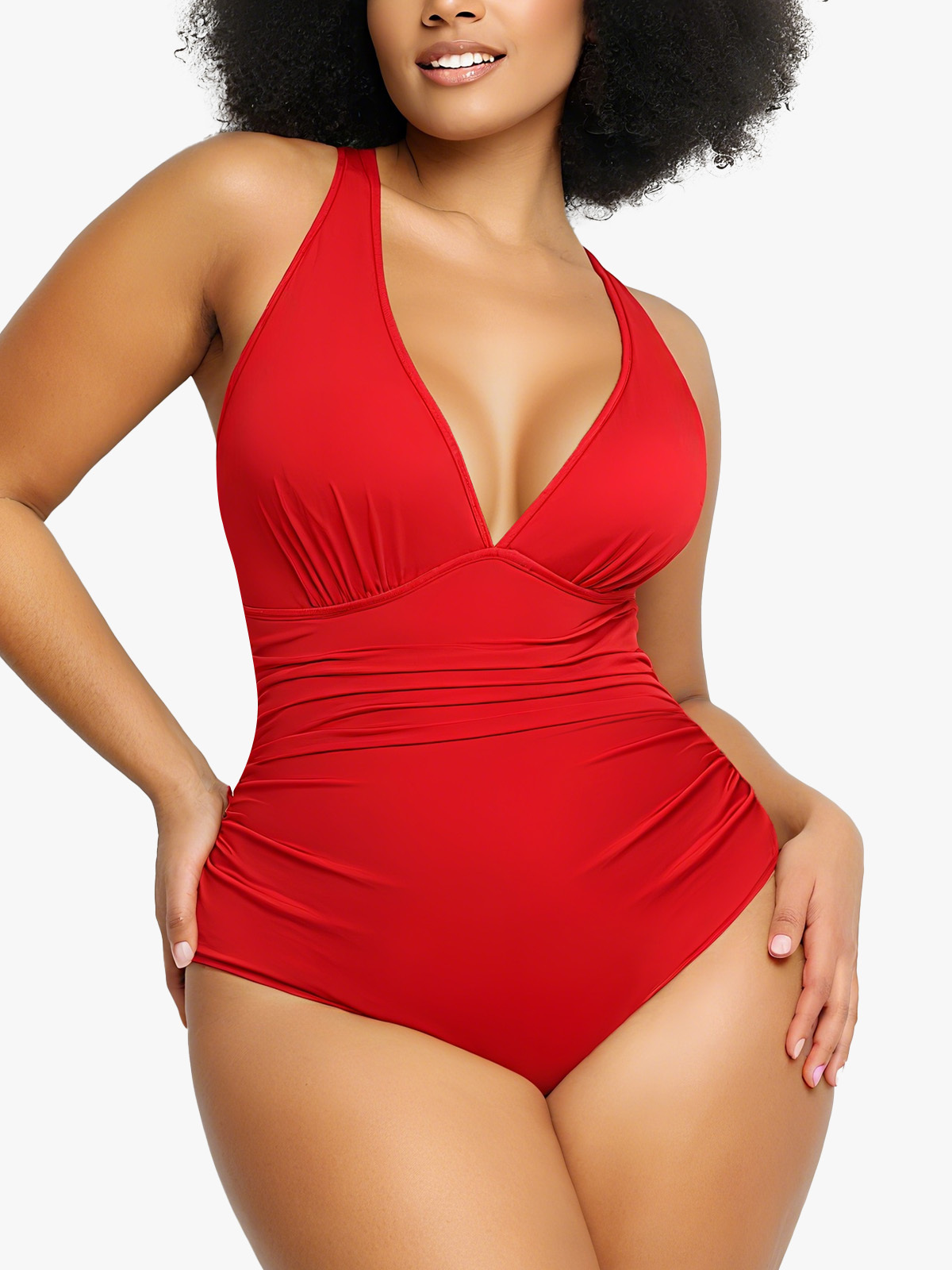 Ruched Plunge Tummy Control Cutout Bathing Swimsuit
