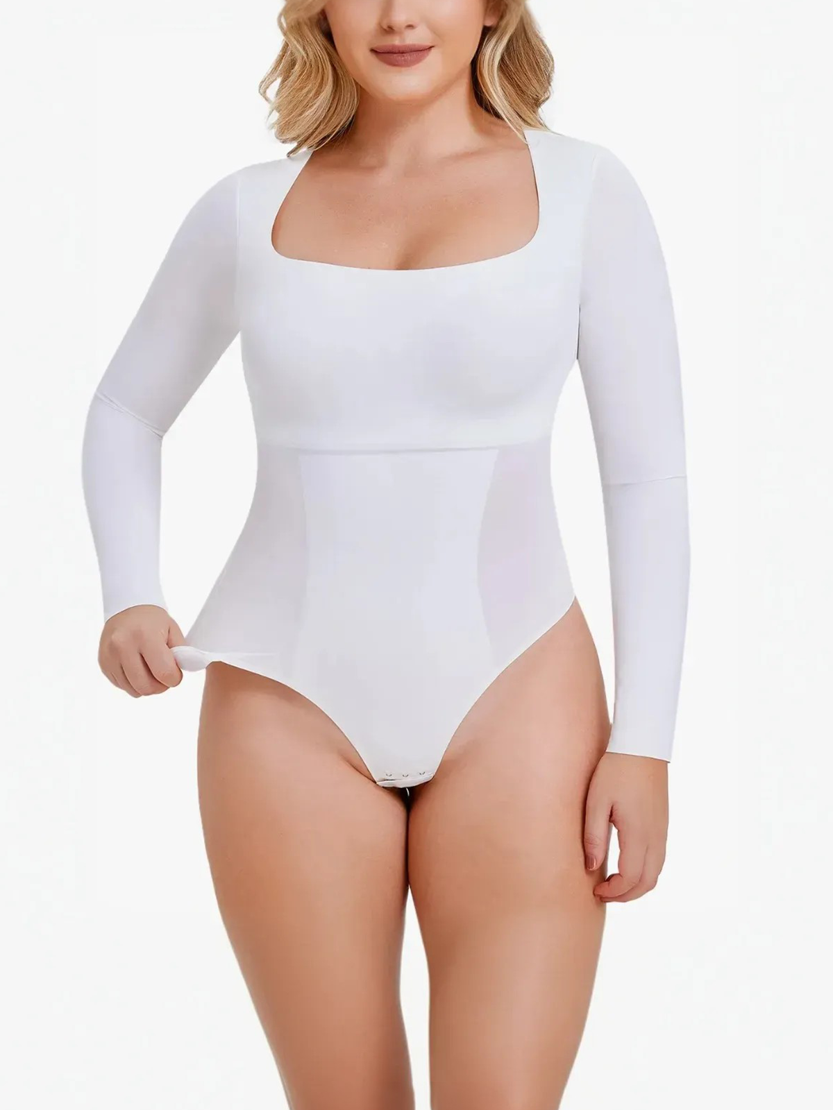 Elastic Square Neck Thong Style Bodysuits with Crotch Snap  -Brabic