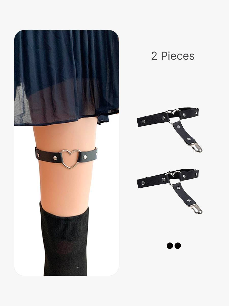 BRABIC Women Girl Leather Garters - Sexy Heart Leg Garter Belt, Kawaii Punk, Anti-Slip Clips, Elastic GB004