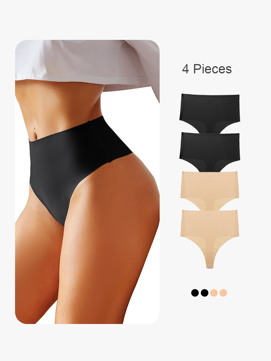 4 Pieces Breathable Cotton High Waisted Thong Underwear Seamless Comfy Panties-Brabic