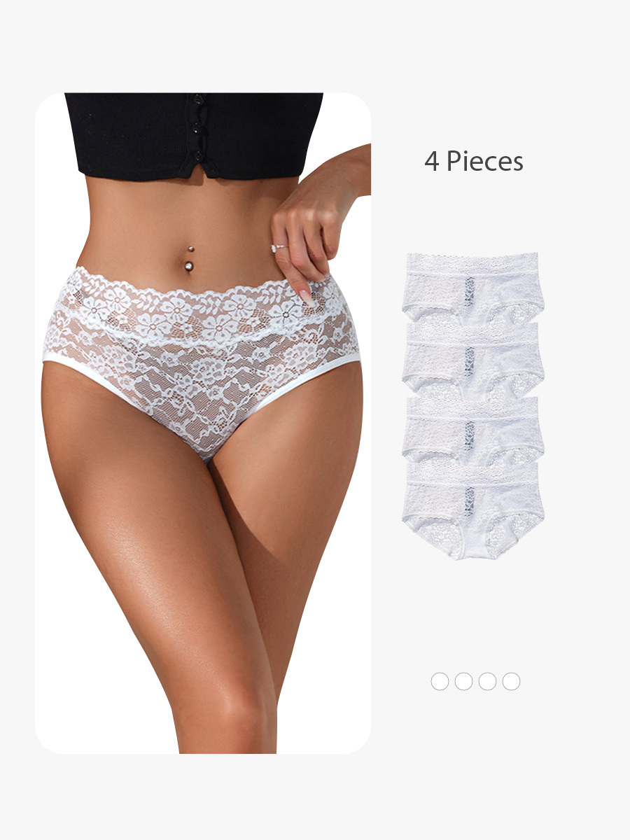 4 Pieces Sensual All Over Lace Brief Panty Hipster Stretch Underwear-Brabic