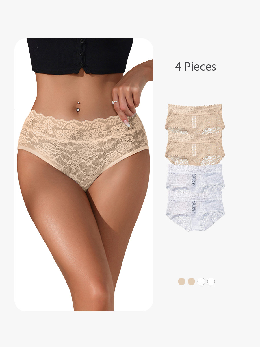 4 Pieces Sensual All Over Lace Brief Panty Hipster Stretch Underwear-Brabic
