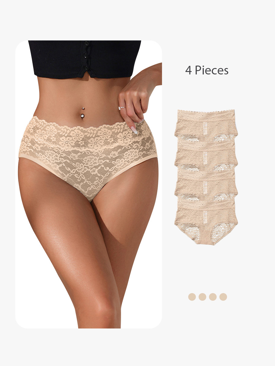 4 Pieces Sensual All Over Lace Brief Panty Hipster Stretch Underwear-Brabic