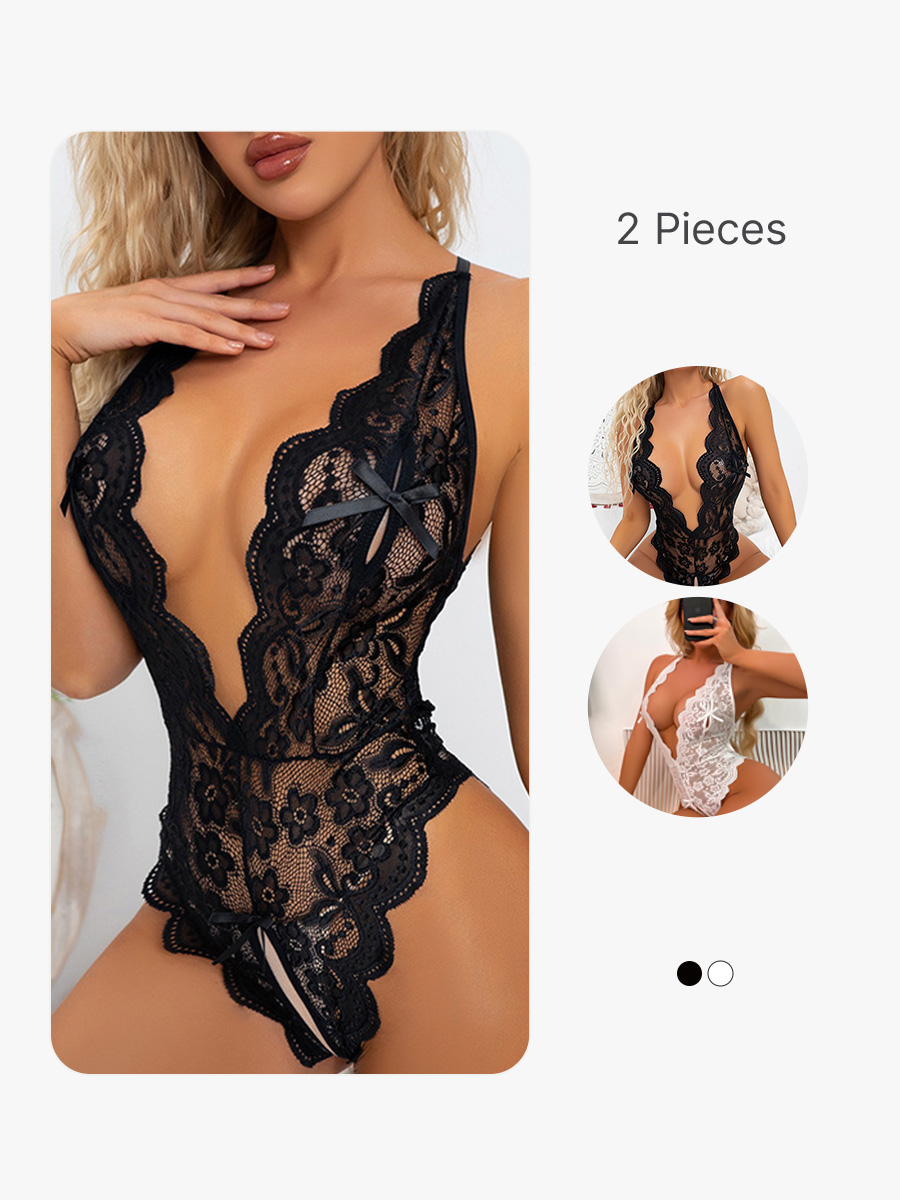 BRABIC 2-Piece Set Women's Lingerie Sexy Lace Hollow Out One-Piece Deep V LS002