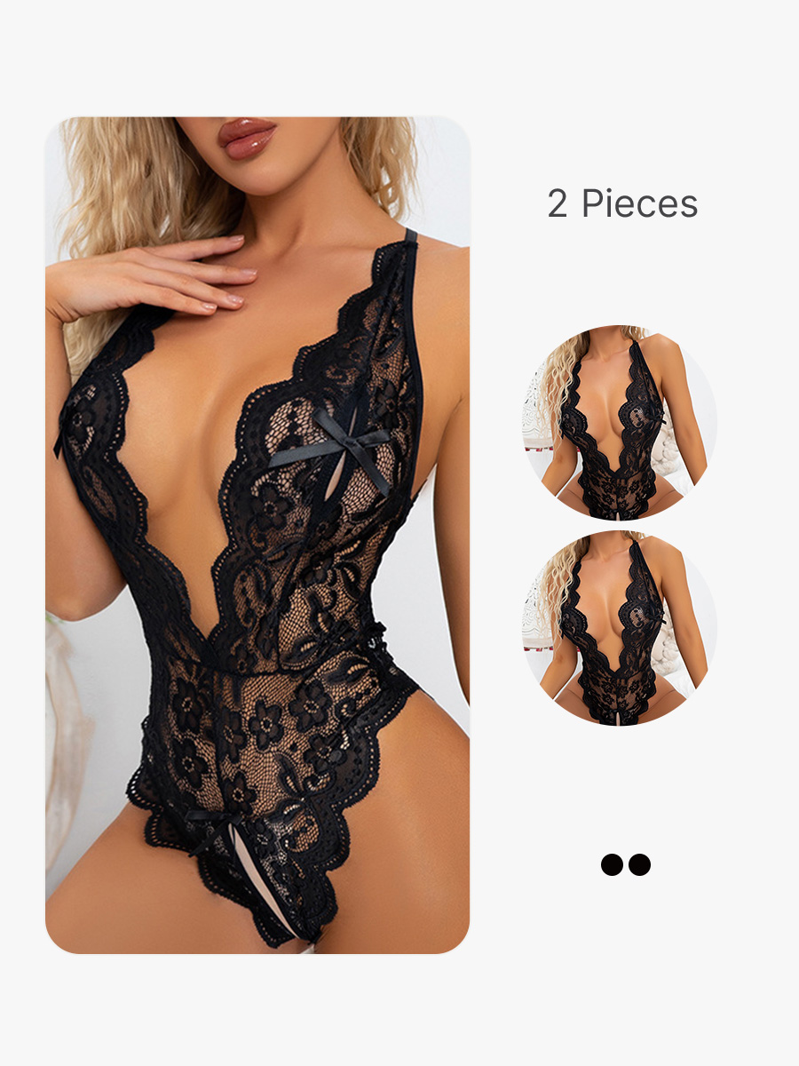 BRABIC 2-Piece Set Women's Lingerie Sexy Lace Hollow Out One-Piece Deep V LS002
