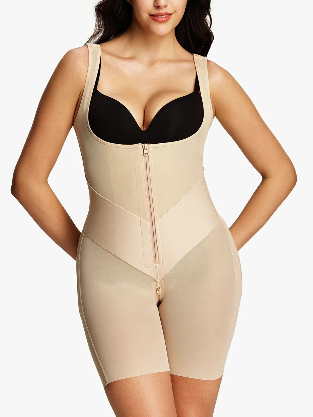 Open Bust Tummy Control Zip-up Mid-Thigh Bodysuit