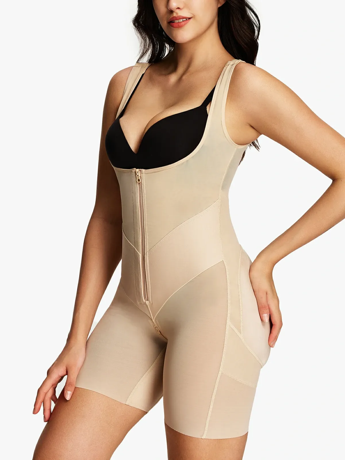 Open Bust Tummy Control Zip-up Mid-Thigh Bodysuit