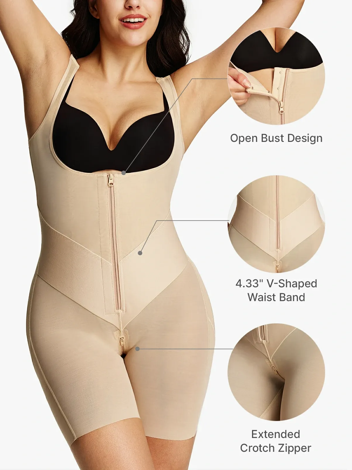 Open Bust Tummy Control Zip-up Mid-Thigh Bodysuit