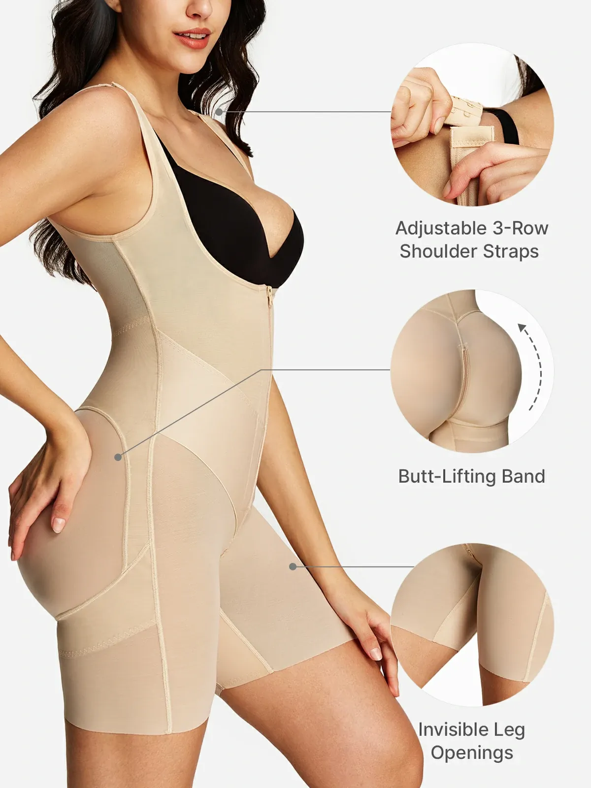 Open Bust Tummy Control Zip-up Mid-Thigh Bodysuit