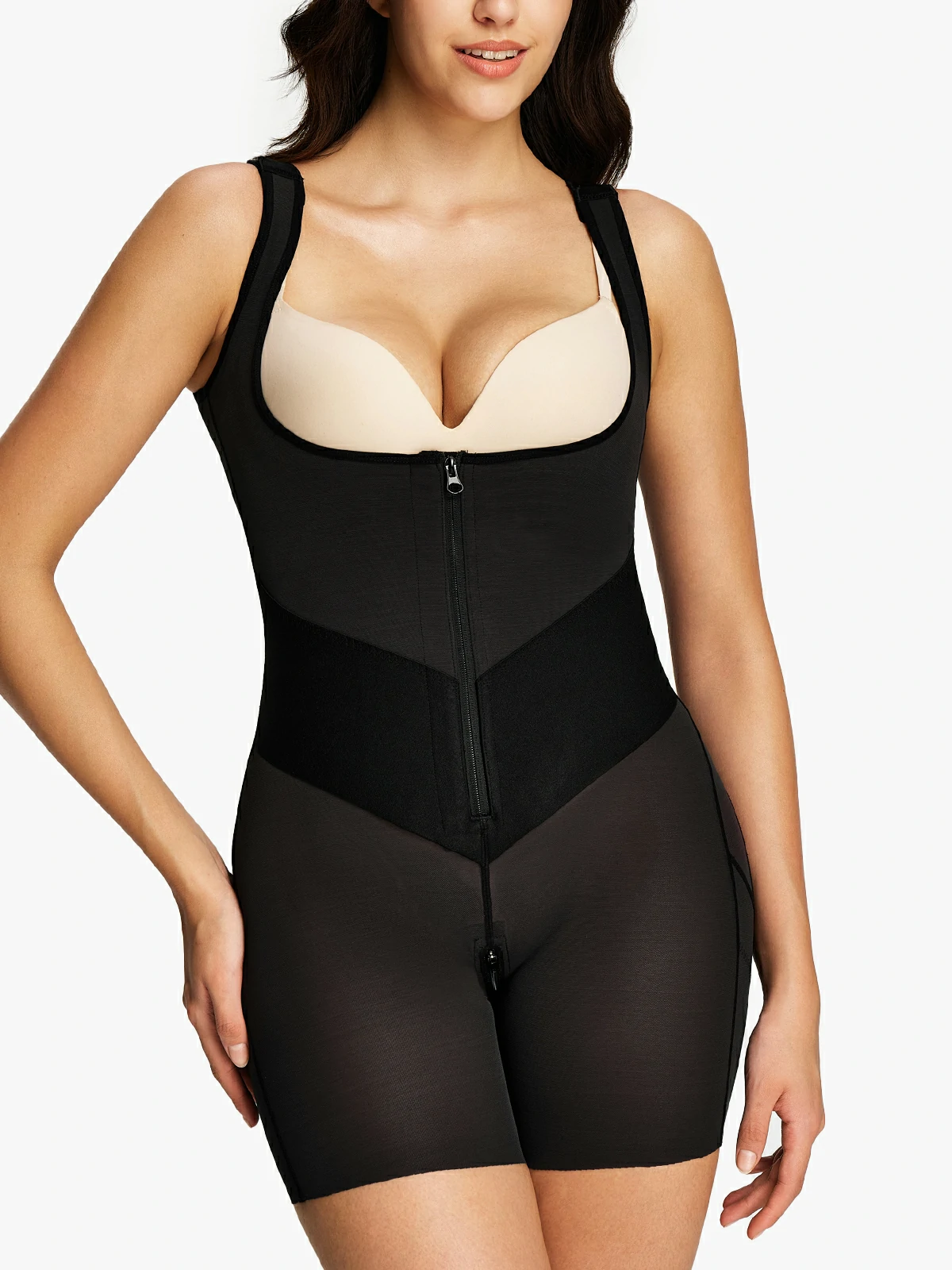 Open Bust Tummy Control Zip-up Mid-Thigh Bodysuit