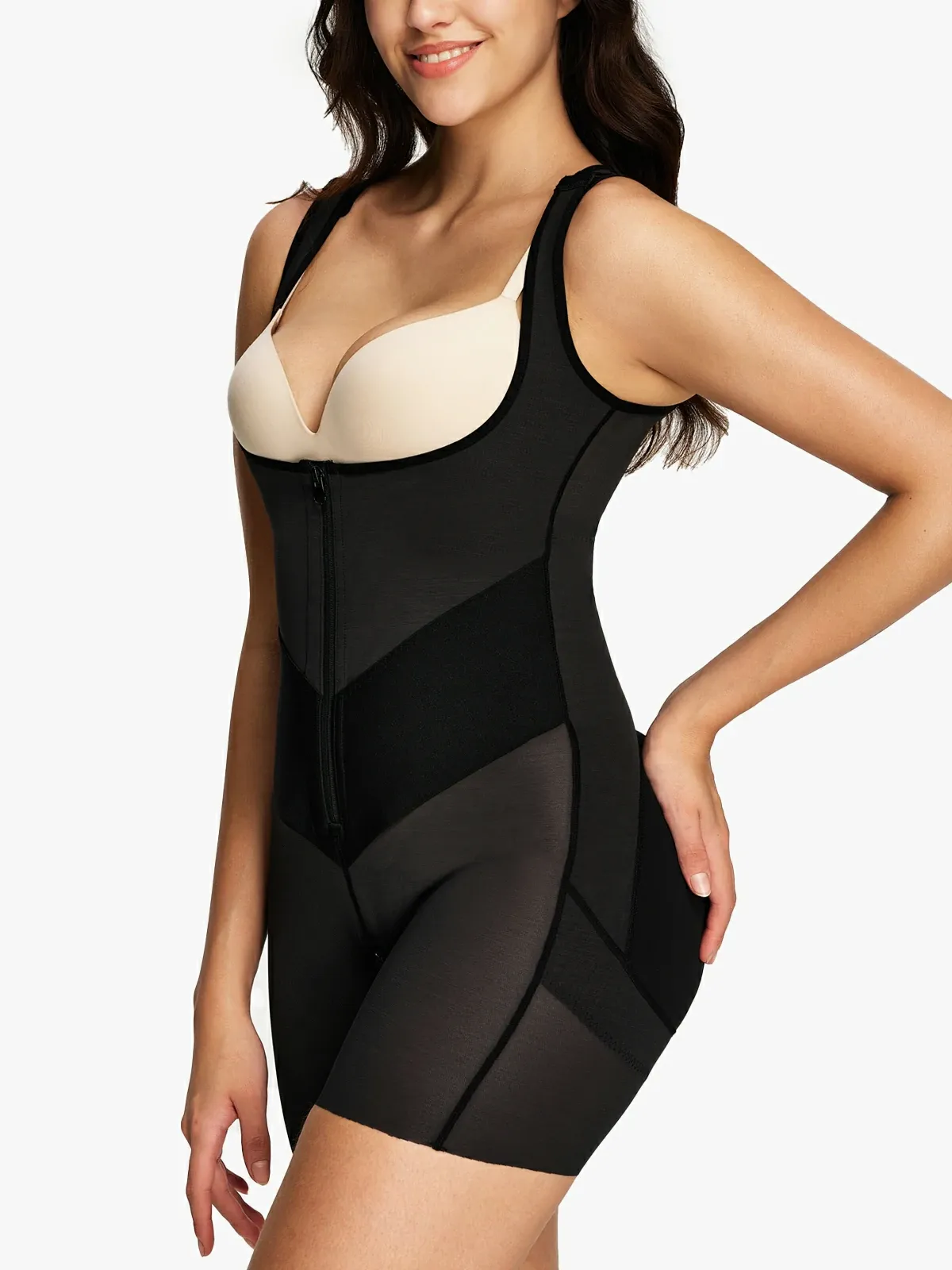 Open Bust Tummy Control Zip-up Mid-Thigh Bodysuit