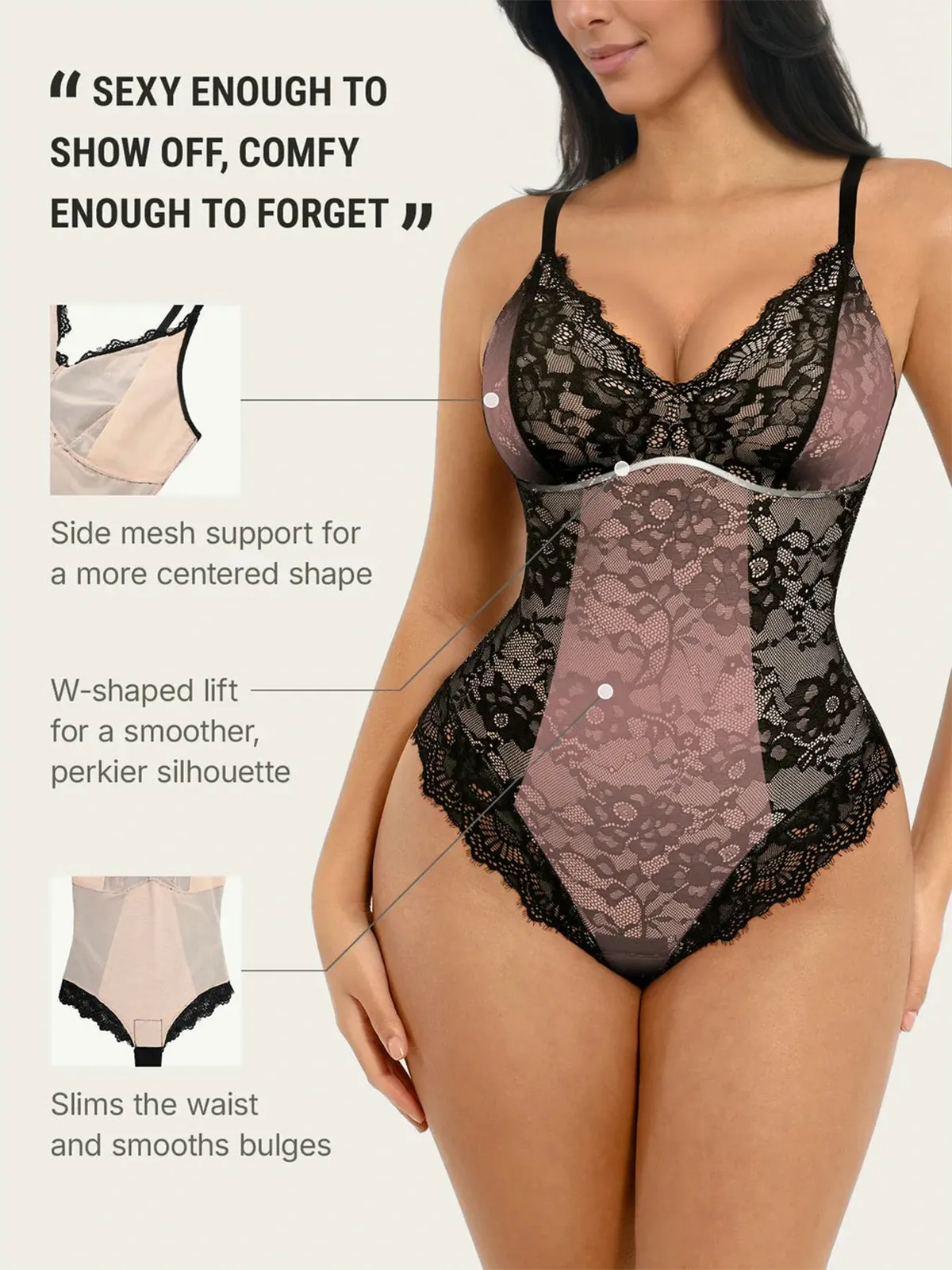 Lace Smoothing Tummy Control Cami Thong Bodysuit