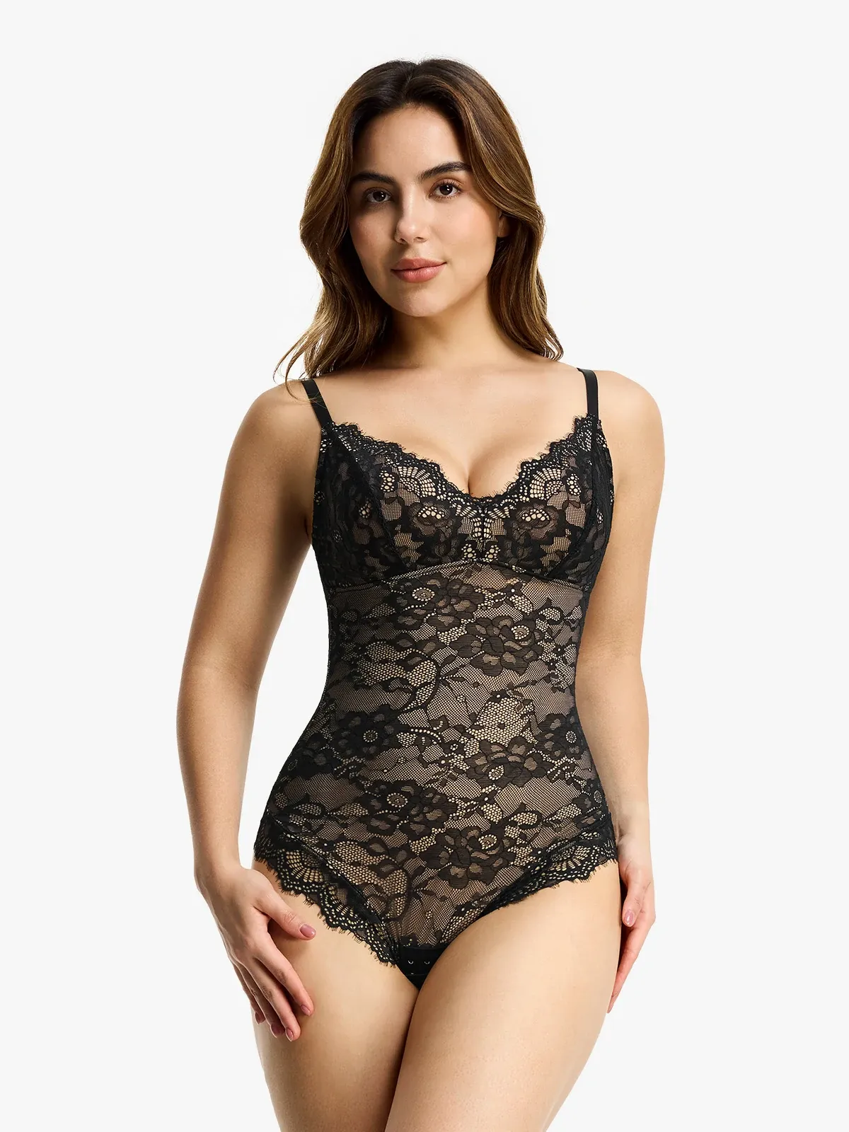 Lace Plunge Tummy Control Cami Thong Bodysuit