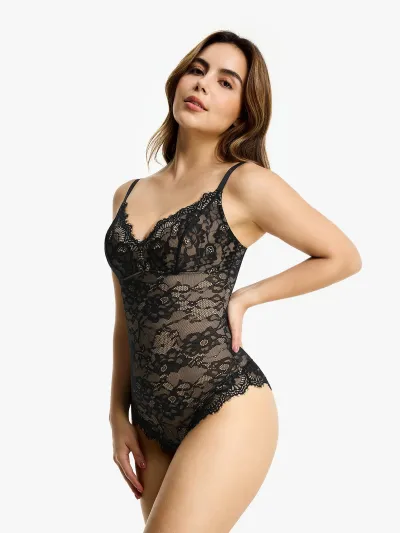 Lace Plunge Tummy Control Cami Thong Bodysuit