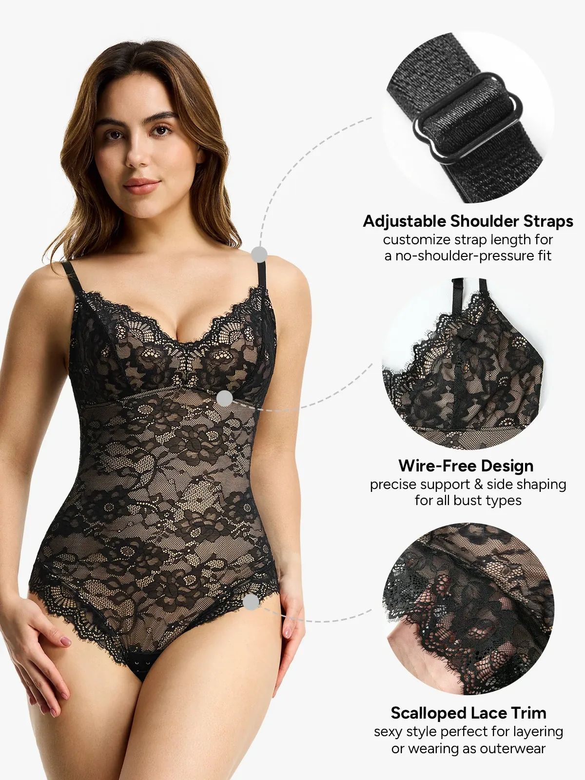 Lace Plunge Tummy Control Cami Thong Bodysuit