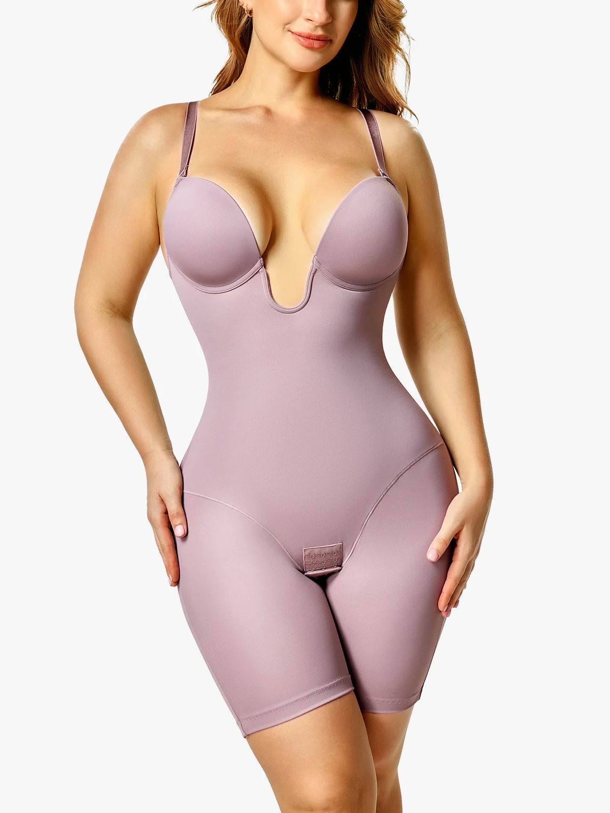 U-Shaped Plunge Tummy Control Cami Mid-Thigh Bodysuit