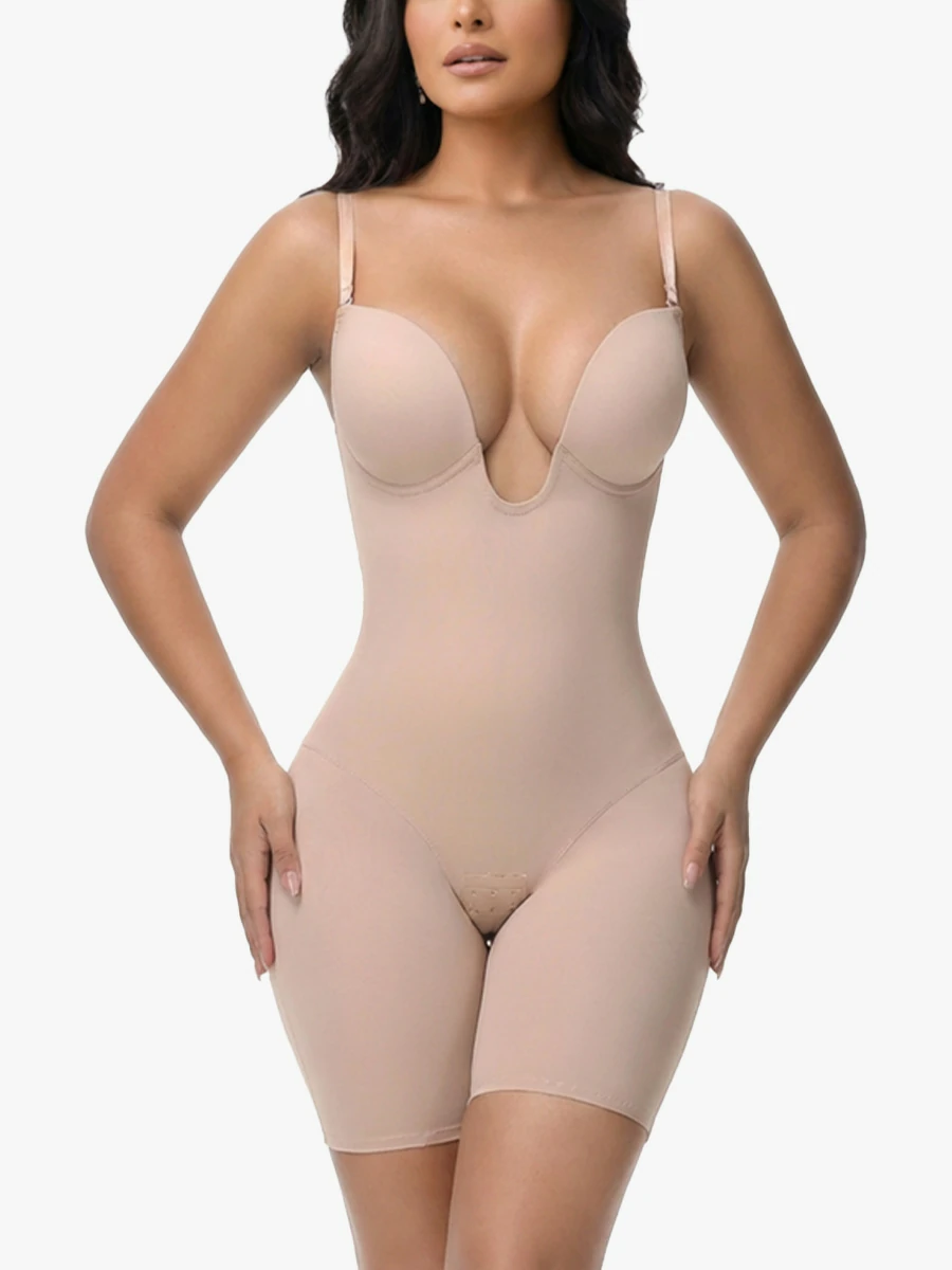 U Plunge Backless Tummy Control Cami Mid-Thigh Bodysuit
