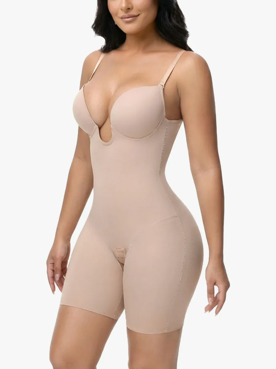 U Plunge Backless Tummy Control Cami Mid-Thigh Bodysuit