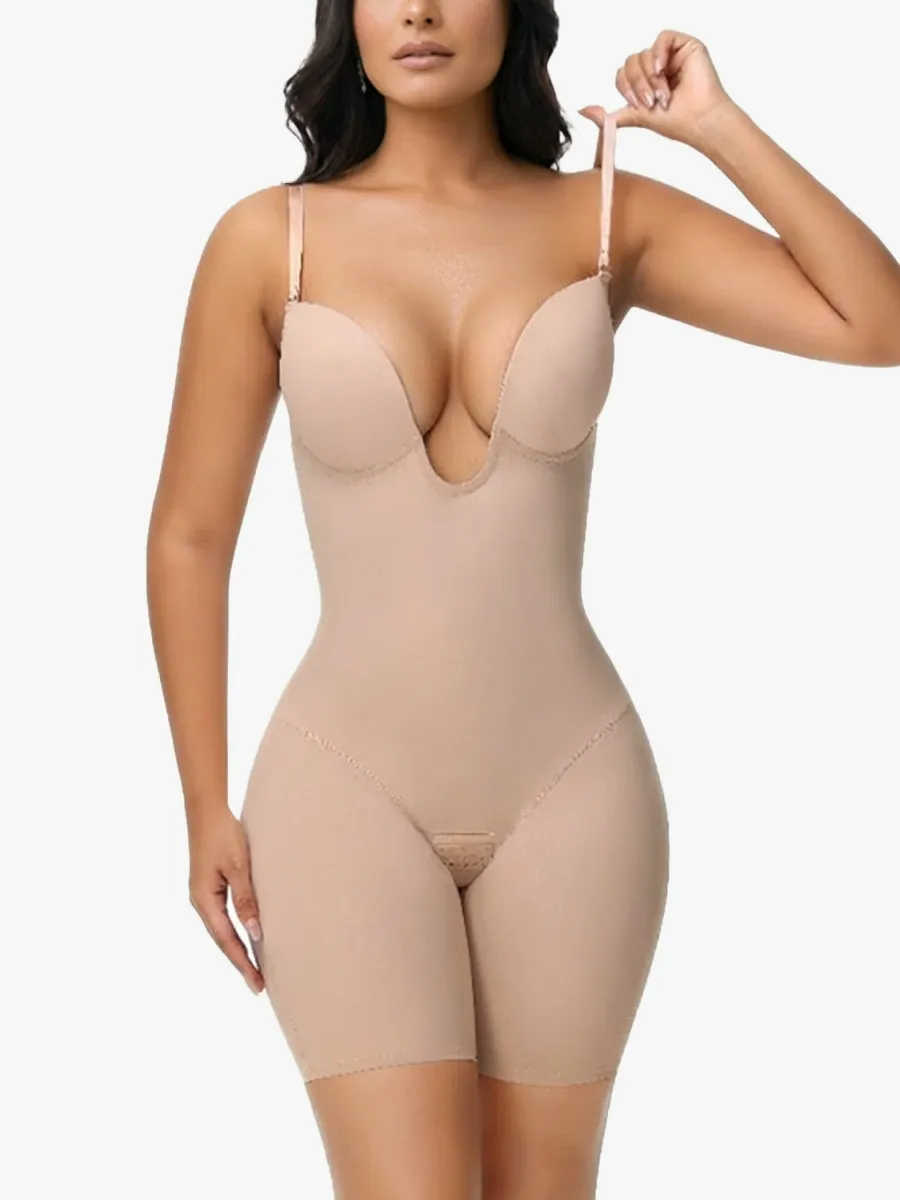 U Plunge Backless Tummy Control Cami Mid-Thigh Bodysuit