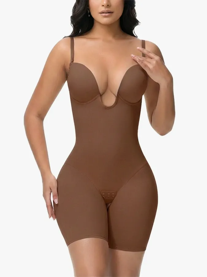 U Plunge Backless Tummy Control Cami Mid-Thigh Bodysuit