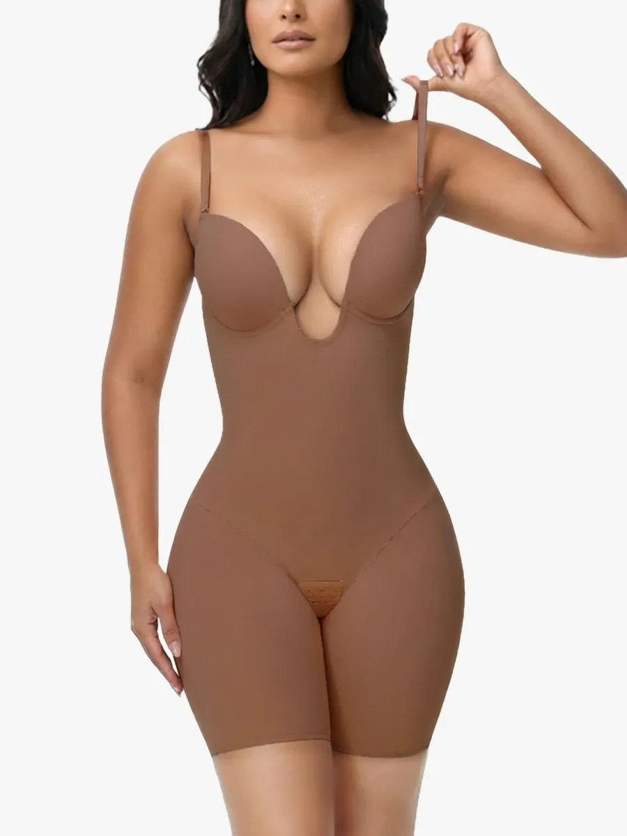 U Plunge Backless Tummy Control Cami Mid-Thigh Bodysuit