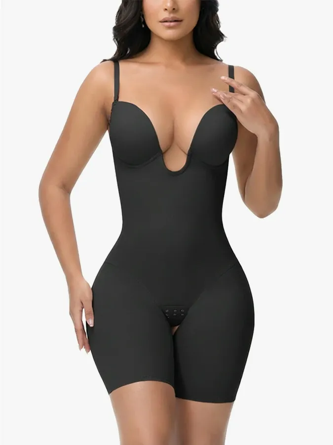 U Plunge Backless Tummy Control Cami Mid-Thigh Bodysuit