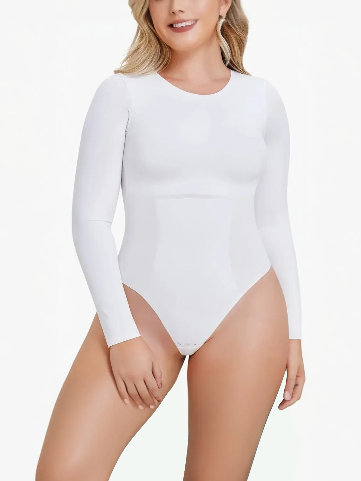 Seamless Round Neck Long Sleeve Thong Bodysuit with Crotch Buckle-Brabic