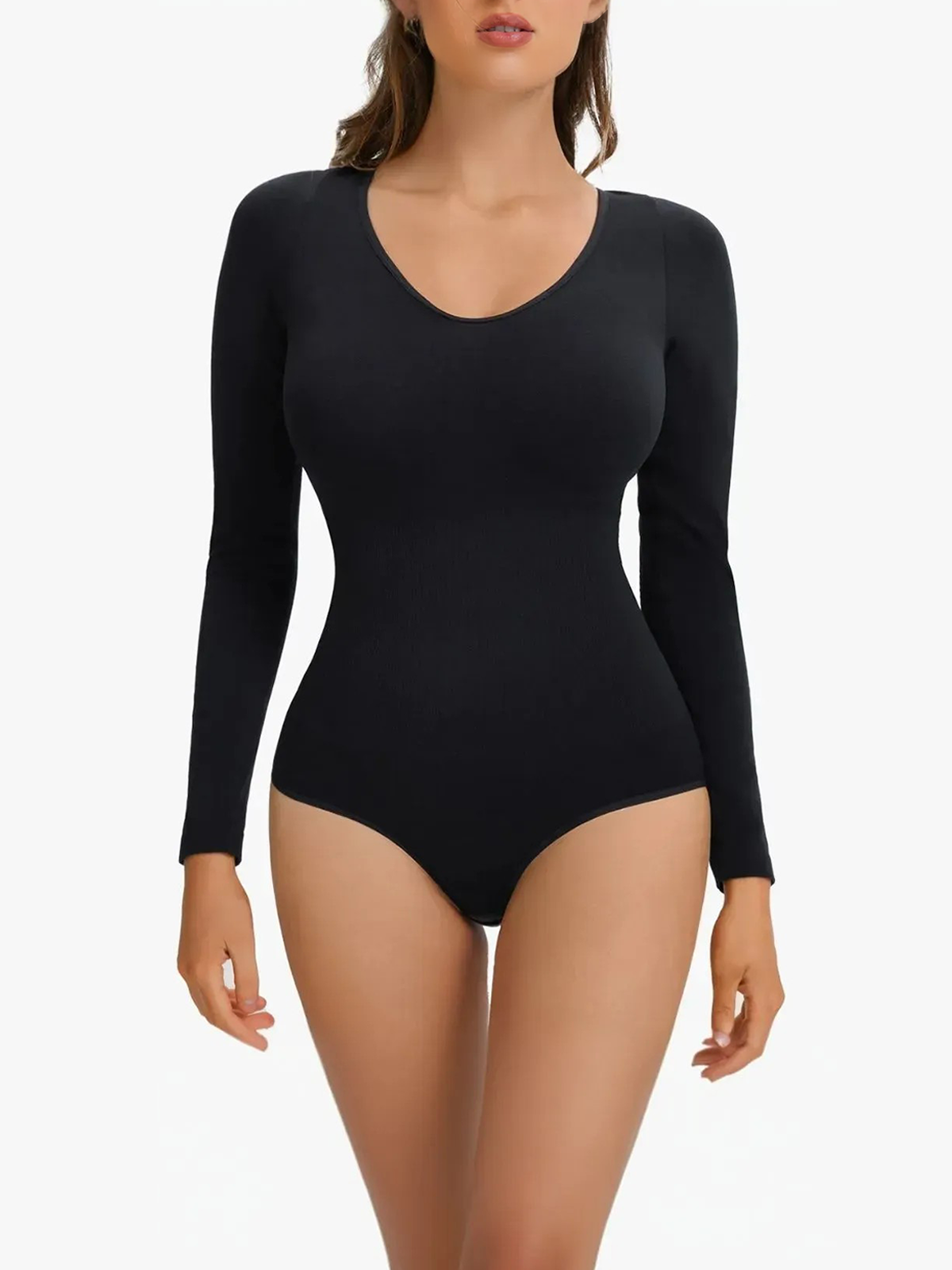 Seamless Sculpting V Neck Long Sleeve Comfy Bodysuit-Brabic