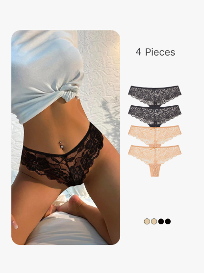 BRABIC 4-Piece Set Women Floral Lace Panties Sexy Hipster Underwear V-Shape Waistband Tangas TA005
