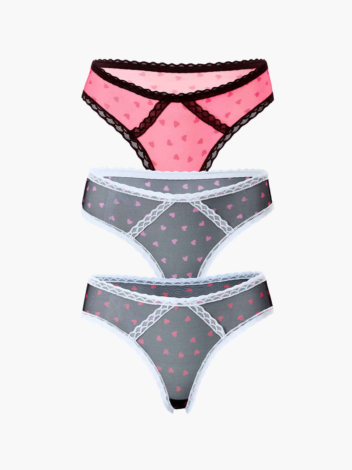 3-Pack Mesh Lace Trim Breathable Heart Print Tanga-Brabic