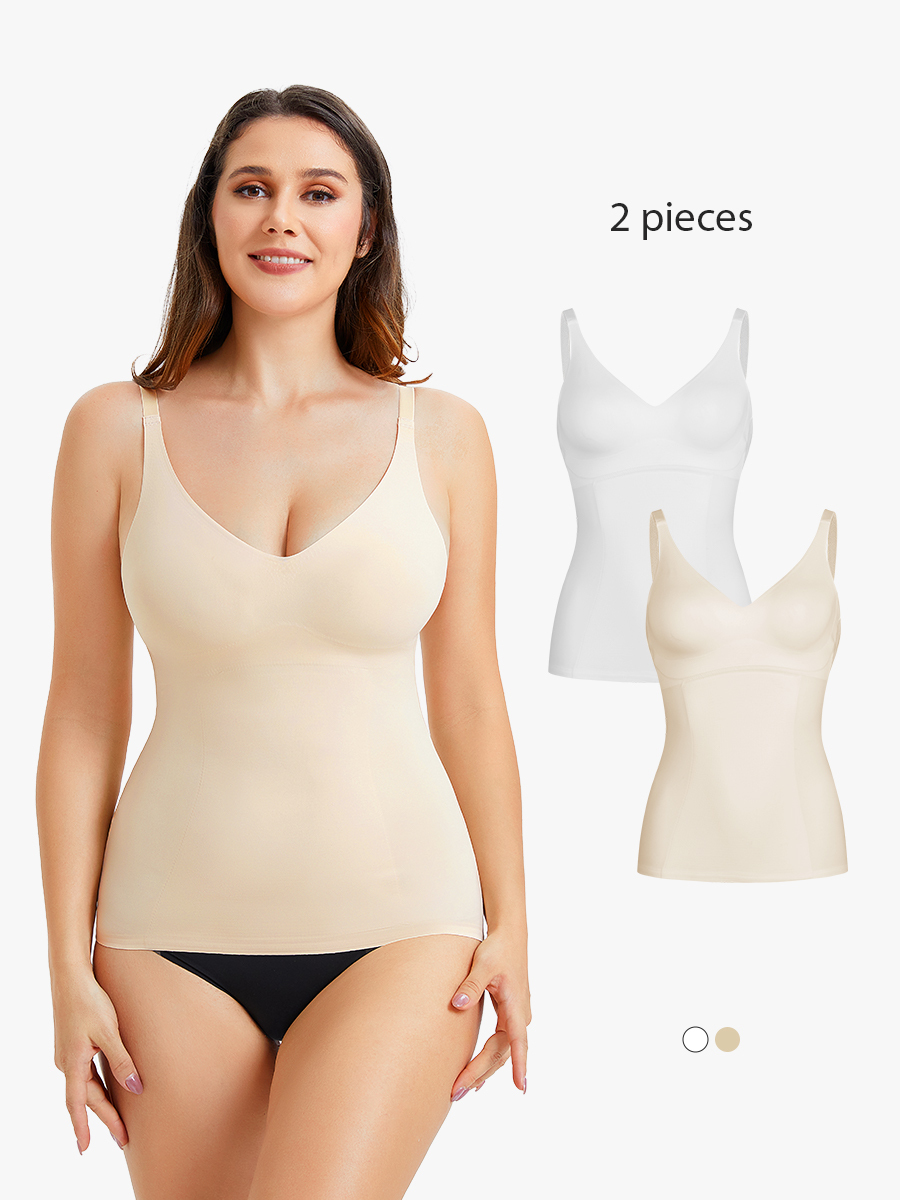 2 Pieces Tummy Control V Neck Shelf Bra Cami Shapewear Everyday Shaping Tank Top-Brabic