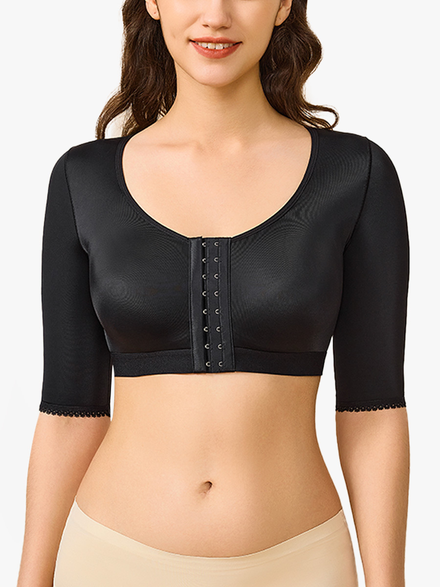 Front Adjustable Hook Closure Round Neck Half-Sleeve Shapewear Top-Brabic