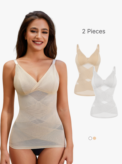 BRABIC 2-Piece Set Tummy Control Shapewear Tops Compression Tanks Cami Tops V-Neck with Built in Bra TO007