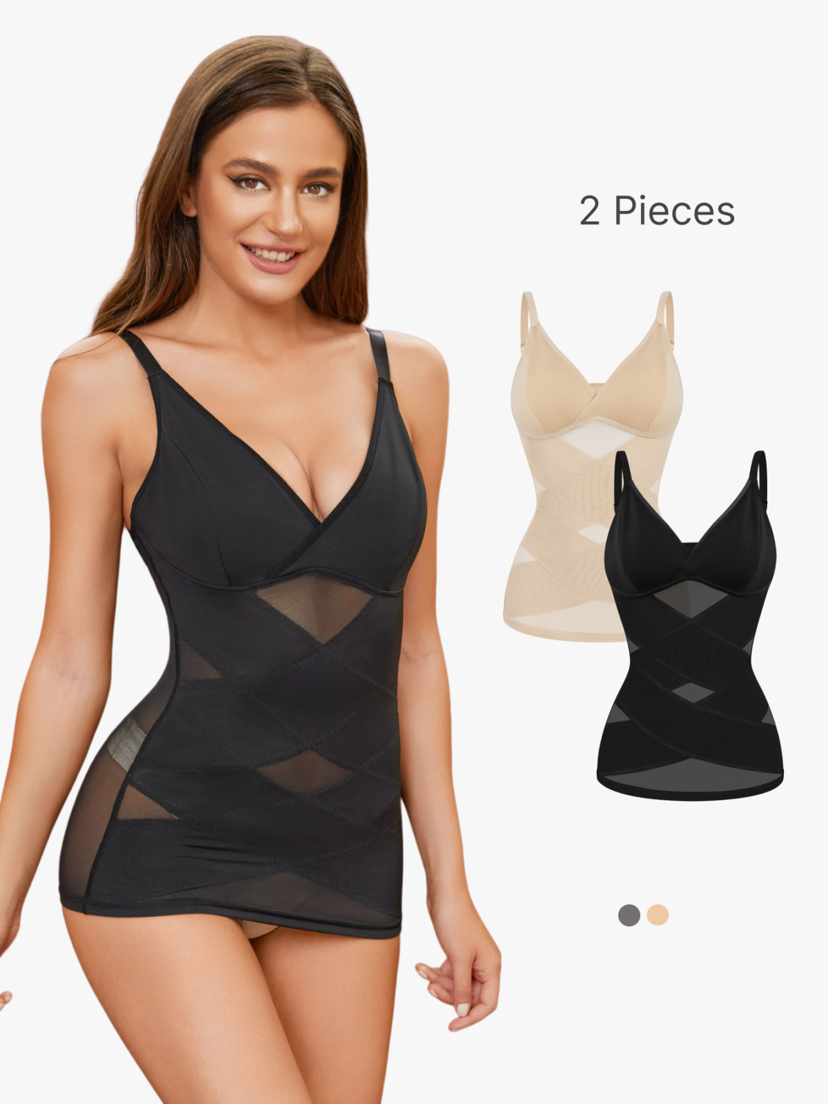 2 Pieces Mesh Extreme Tummy Control Shapewear Deep V Built In Bra Tank Top-Brabic