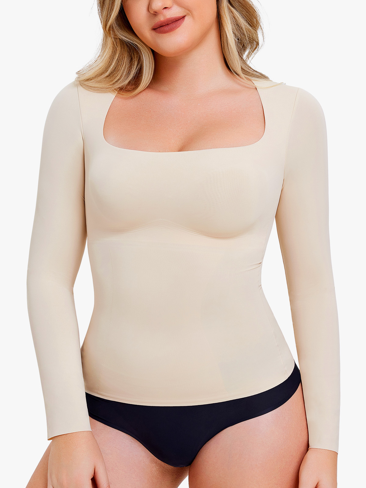 Tummy Control Square Neck Long Sleeve Shapewear Tops-Brabic